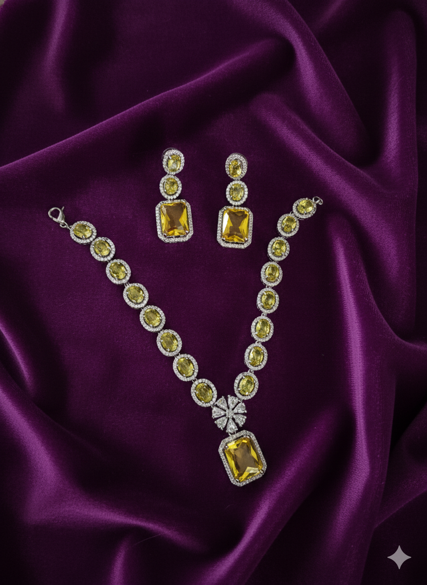 Silver Plated Citrine-Look Oval & Rectangle Necklace Set